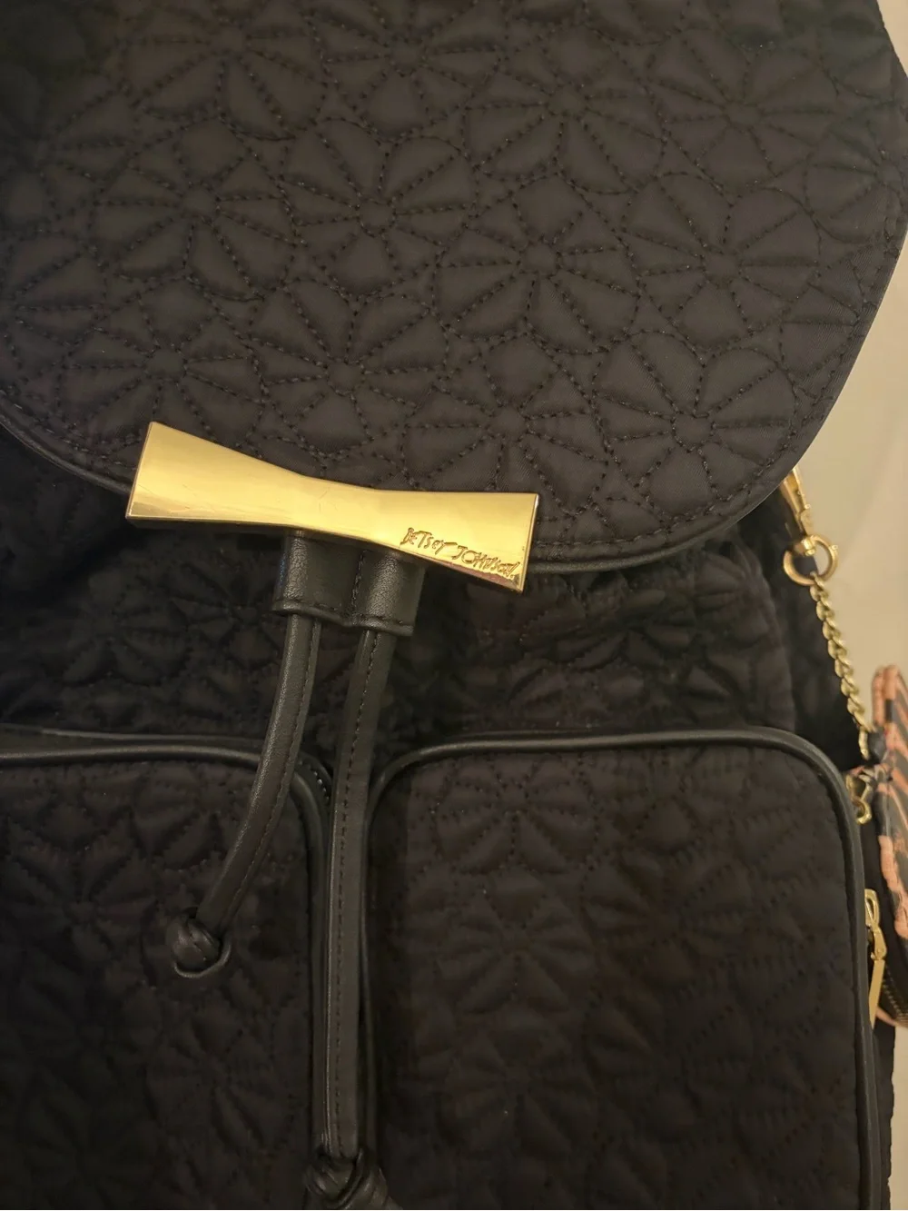Betsey Johnson Black Quilted Backpack with Gold & Leopard Accent